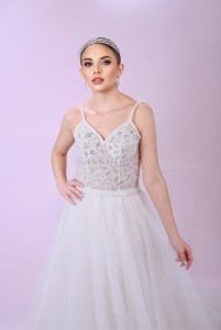 Beden Gümüş Nakış Kristal Boncuk Tül Etek A Kesim Gelinlik
