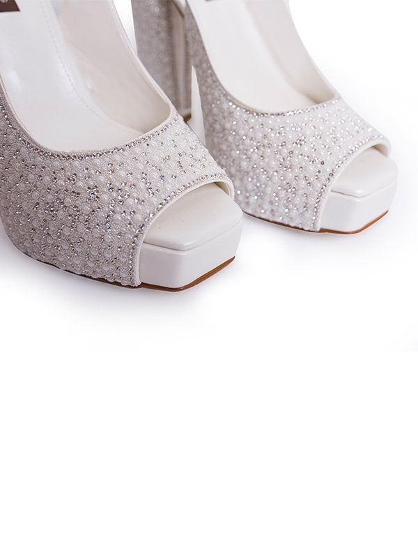 İnci İşlemeli Slingback Küt Burunlu Gelin Ayakkabısı